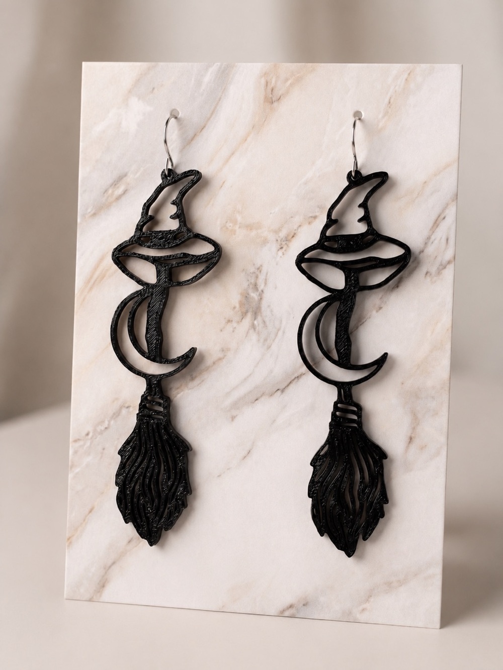 Black Witch Hat & Crescent Moon Dangle Earrings 3D Printed - Picture 2 of 2